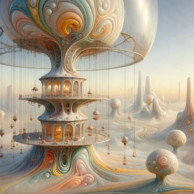 The primary subject of the image is a large, colorful, and intricately designed structure that resembles a tree or a tower. The setting is a surreal, dreamlike environment with a sky background. The visual style is a combination of digital art and illustration, creating a vibrant and imaginative atmosphere. The colors and mood are predominantly bright and cheerful, with a sense of wonder and fantasy.